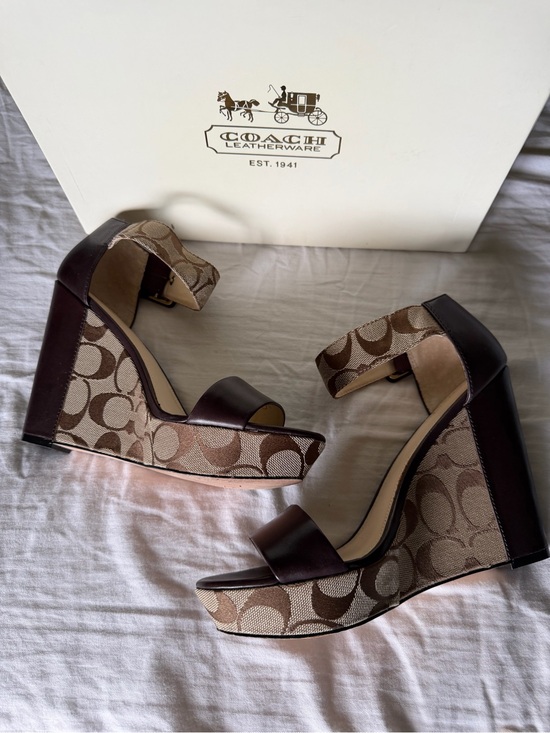 Coach Shoes - Coach Brown and Tan Signature Canvas Wedge Sandals